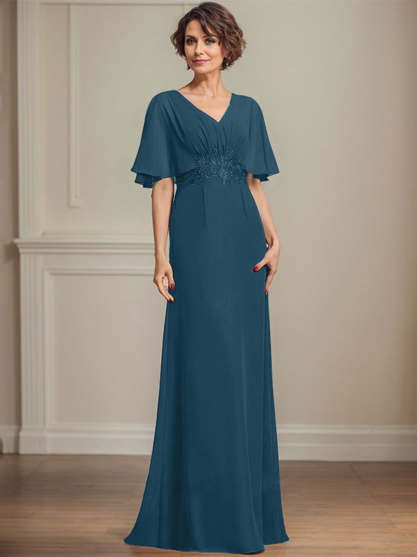 A-Linien Chiffon Mutter-der-Braut-Kleid mit V-Ausschnitt, bodenlang, mit plissierten Pailletten-Applikationen und Spitze