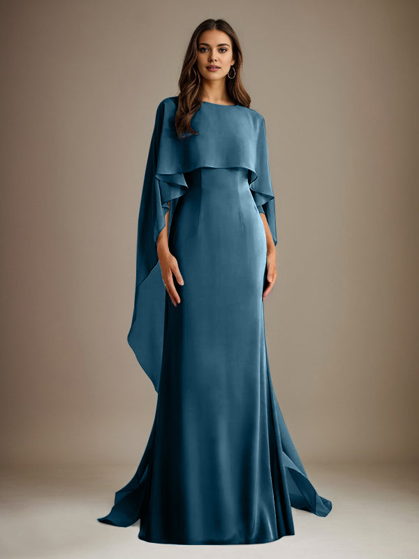 Etuikleid/Säulenkleid Bootsausschnitt bodenlanges Chiffon Mutter-des-Braut-Kleid mit kaskadierenden Rüschen
