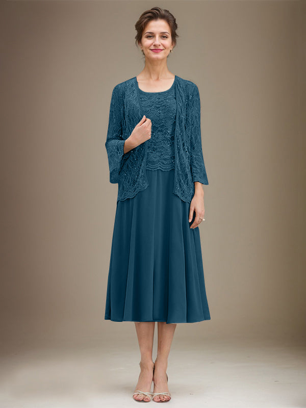 A-Linien Spitzen-Chiffon-Brautmutterkleid mit V-Ausschnitt, tea-length, mit Pailletten