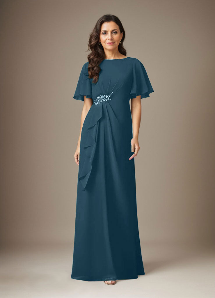 Dunkelmarineblaues Etuikleid mit Perlenbesatz aus Chiffon