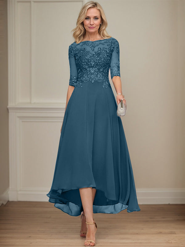 A-Linien Bootsausschnitt Illusionskleid mit asymmetrischem Chiffon-Spitzenstoff, Mutter-der-Braut-Kleid mit Paillettenperlen