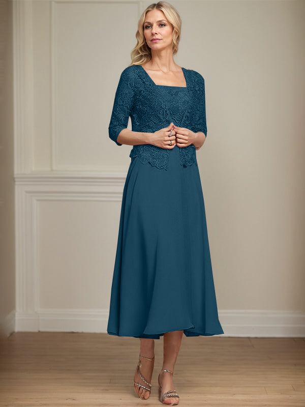 Robe de mère de la mariée en mousseline et dentelle ligne A longueur thé avec perles et sequins