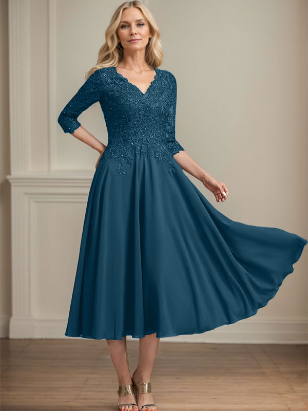 Robe de mère de la mariée en mousseline longueur thé, ligne A, col en V, en dentelle avec perles et sequins