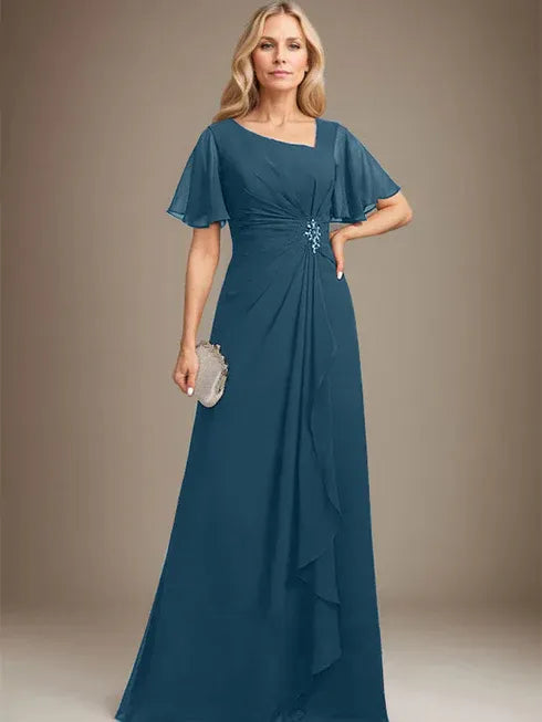 A-Linien asymmetrisches bodenlanges Chiffon Mutter-der-Braut-Kleid mit plissierten Perlen und Pailletten