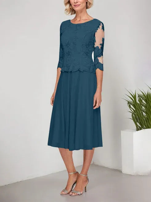 A-Linie Rundhals Tee-Länge Spitze Chiffon Mutter-der-Braut-Kleid mit Stickerei