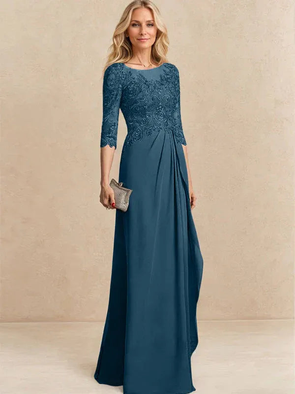 Vestido para la madre de la novia línea A con escote redondo ilusión, largo hasta el suelo, de gasa y encaje con cuentas, lentejuelas y volantes en cascada