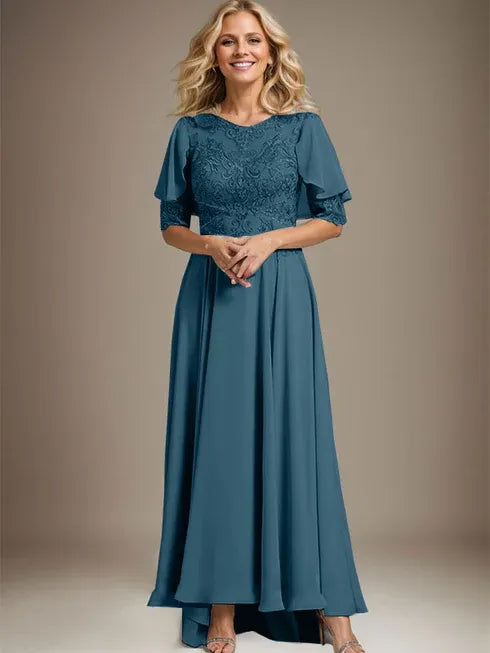 A-Linien Kleid mit Scoop-Ausschnitt, Illusion, asymmetrischem Chiffon und Spitzen, Mutter-der-Braut-Kleid mit Perlenbesatz
