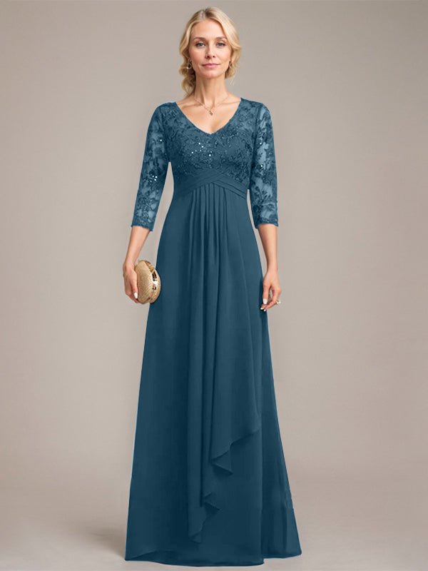 A-Linien V-Ausschnitt bodenlanges Spitzen-Chiffonkleid für die Mutter der Braut mit kaskadierenden Rüschen und Pailletten