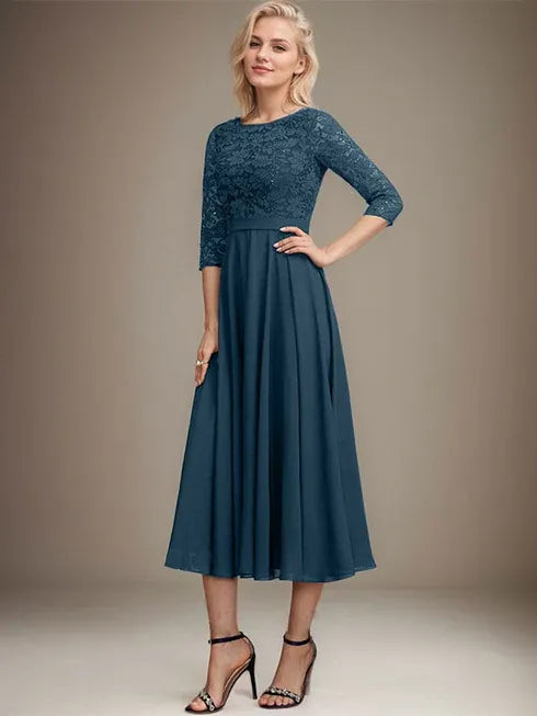 A-Linien Spitzen-Chiffon-Brautmutterkleid mit V-Ausschnitt, tea-length, mit Pailletten