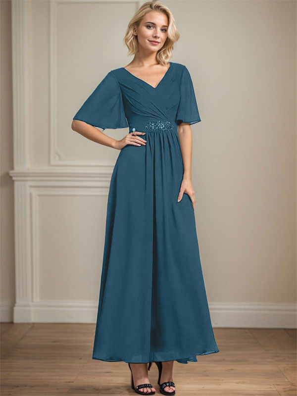 A-Linien V-Ausschnitt Knöchellanges Chiffon Kleid für die Brautmutter mit plissierten Perlen und Pailletten
