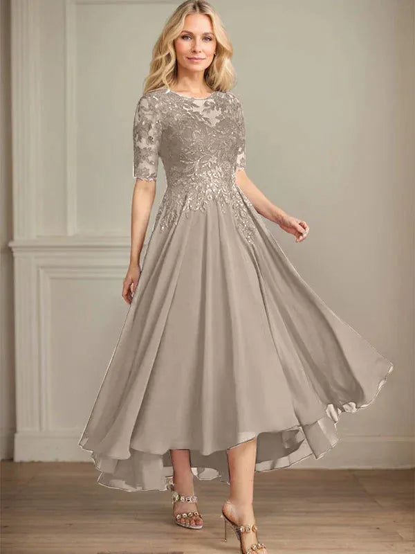 A-Linien Scoop-Ausschnitt Illusion asymmetrisches Chiffon-Spitzen-Mutter-der-Braut-Kleid mit Pailletten