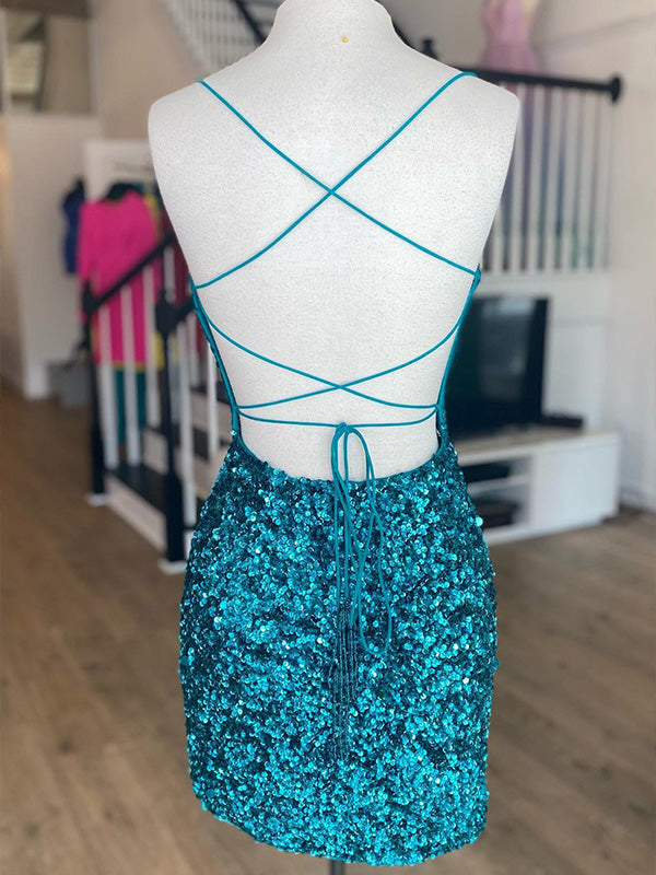 Teal Blue Sequin Spaghetti Straps Bodycon Short Homecoming Dress