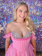 Teal Blue Tiered Ruffle Prom Dress with Crystal Basque Waist Corset