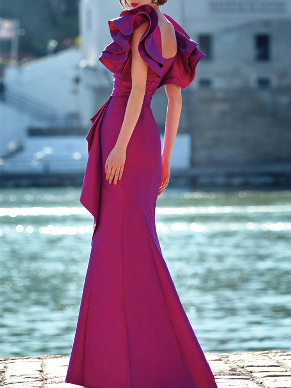 Robe mère de la mariée trompette/sirène, col en V, longueur au sol