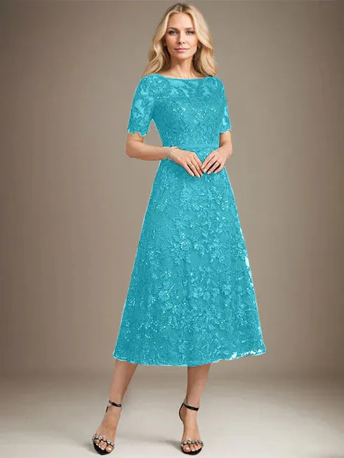 A-Linien Rundhals Illusions-Tea-Length Spitzenkleid der Brautmutter mit Pailletten