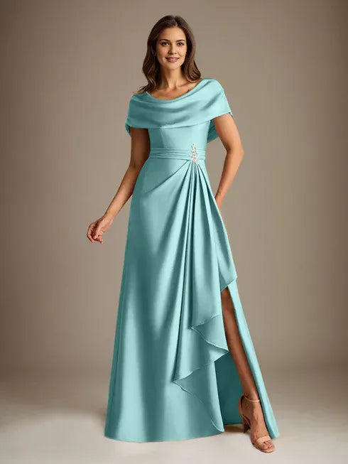 A-Linien-Kleid mit Rundhalsausschnitt, bodenlang, aus Stretch-Satin, Brautmutterkleid mit fallenden Rüschen