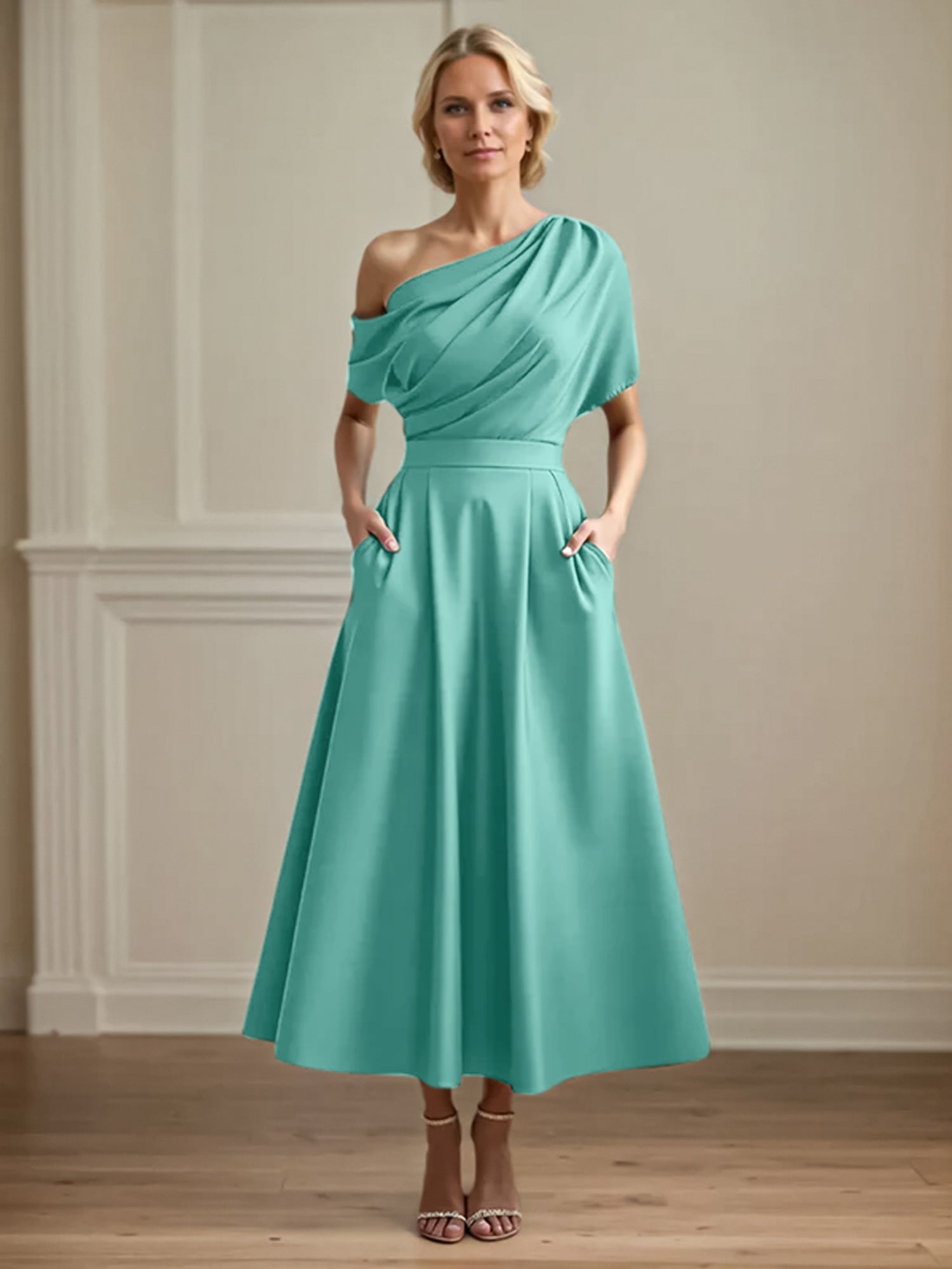 A Line Satin One Shoulder Pleated Ankle Length Mother of the Bride Dress
