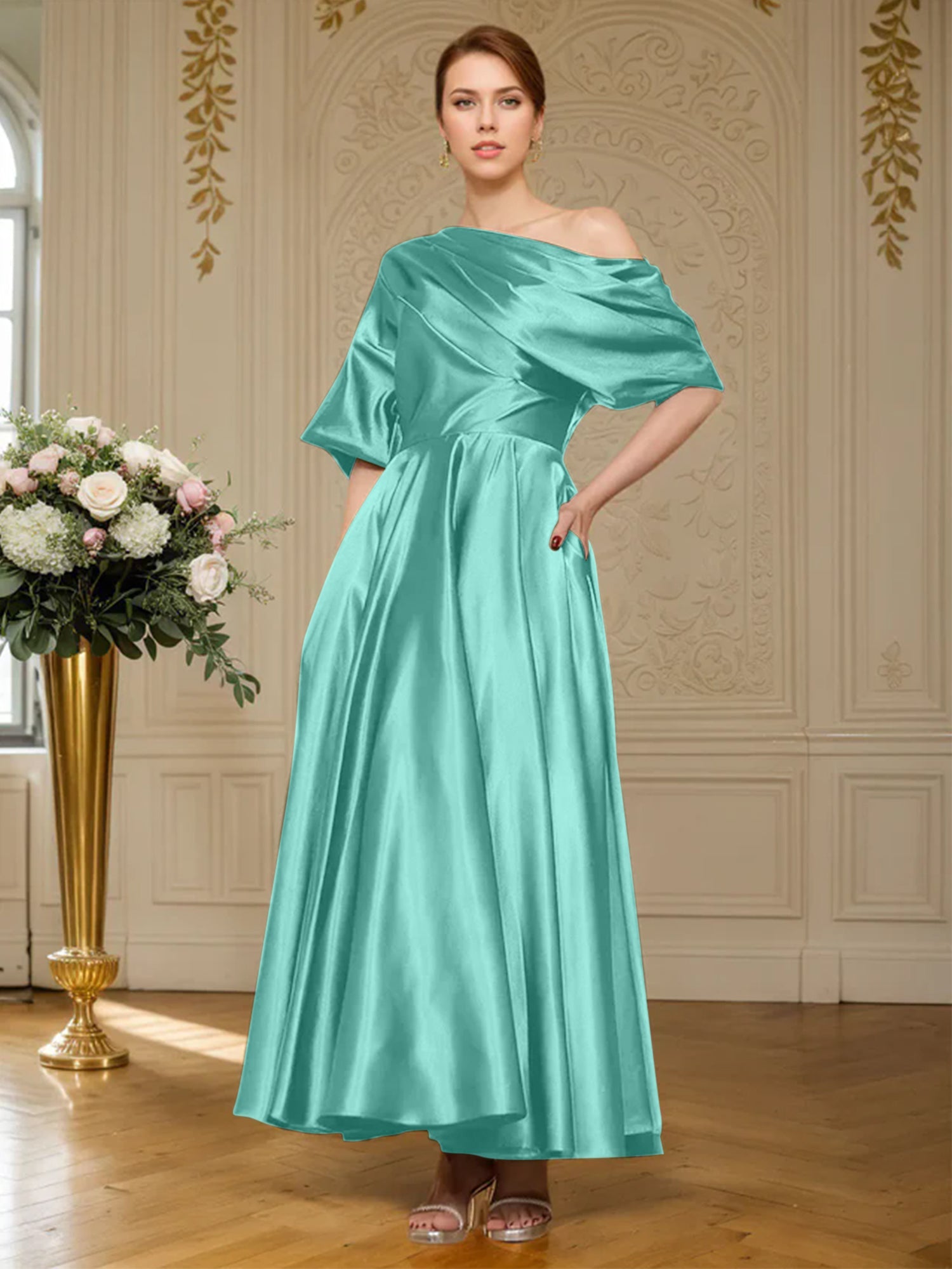 A-Linien Kurzarm plissiertes knöchellanges seidenähnliches Satin Kleid für die Brautmutter