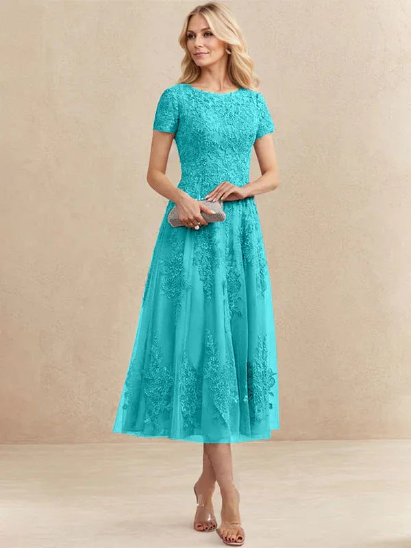 Robe de mère de la mariée A-line en tulle et dentelle, col arrondi, longueur thé