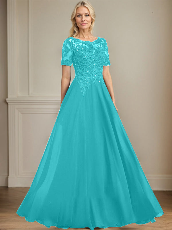 A-Linien Rundhals Illusions-Bodenlanges Chiffon-Spitzenkleid für die Mutter der Braut mit Pailletten und Perlen