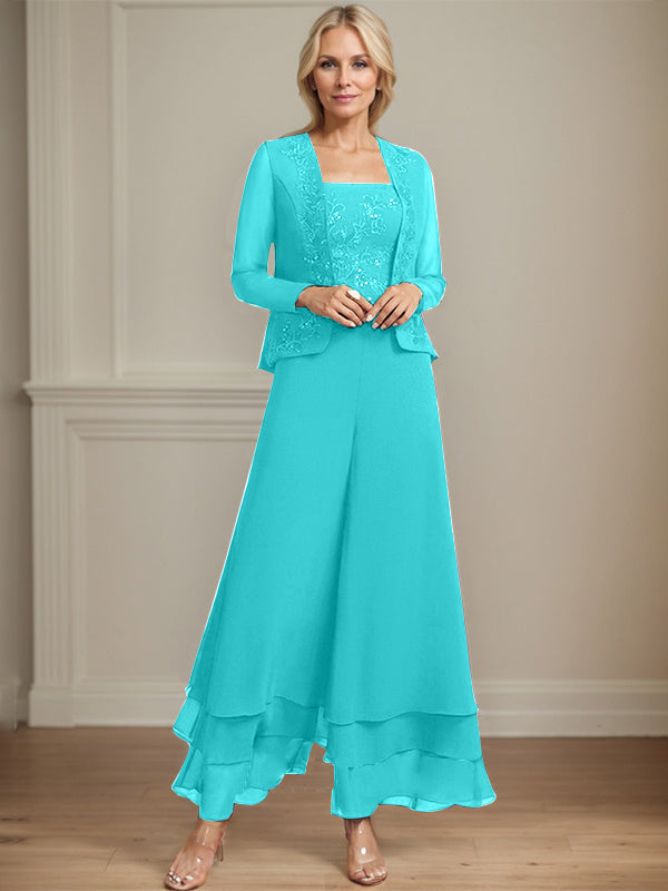 Zweiteiler Jumpsuit/Hosenanzug quadratisch knöchellang Spitze Chiffon Brautmutterkleid mit Pailletten