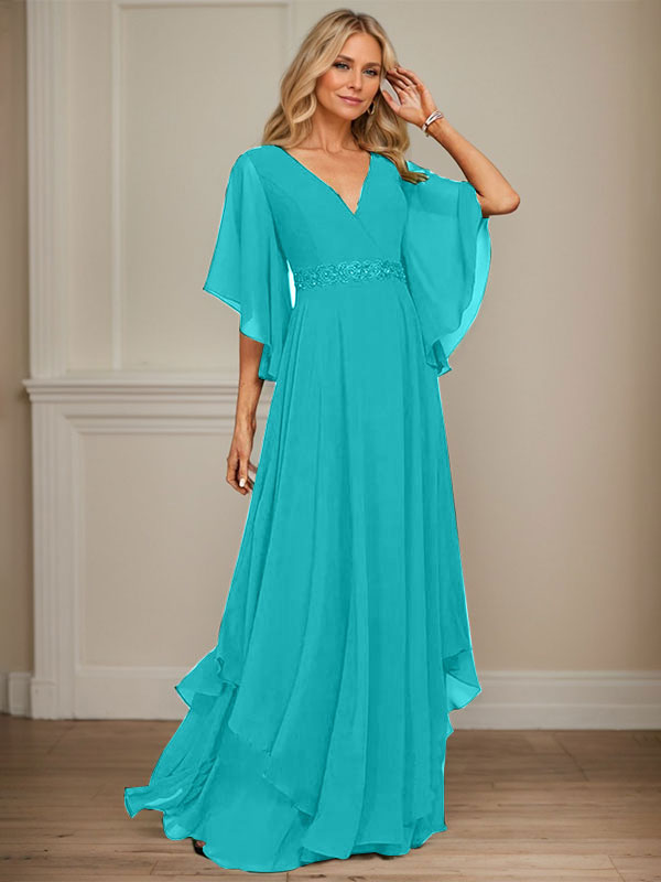 A-Linien V-Ausschnitt bodenlanges Chiffon-Mutter-der-Braut-Kleid mit Pailletten-Applikationen, Spitze und Perlen