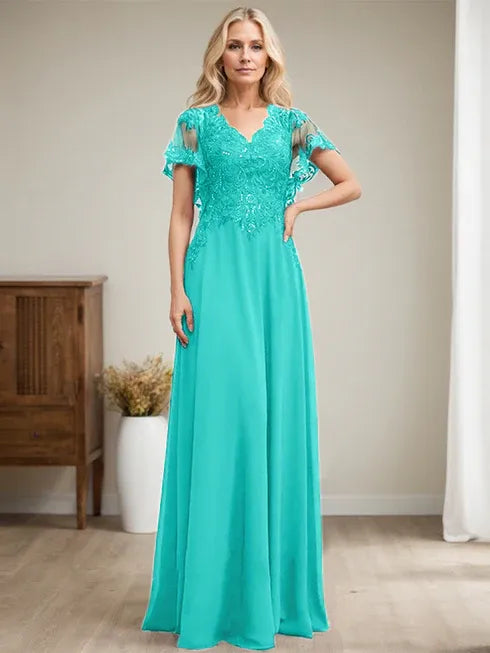 A-Linien V-Ausschnitt Bodenlanges Spitzen-Chiffon Kleid für die Brautmutter mit Pailletten
