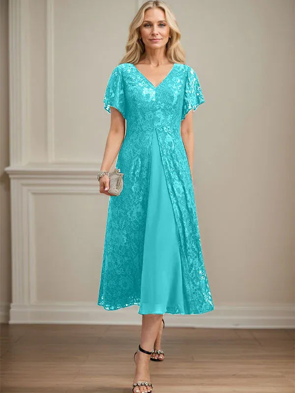 Robe mère de la mariée ligne A en dentelle et mousseline à col en V longueur thé