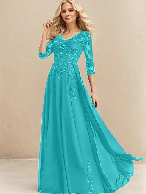 A-Linien V-Ausschnitt Bodenlanges Spitzen-Chiffon Kleid für die Brautmutter mit Pailletten