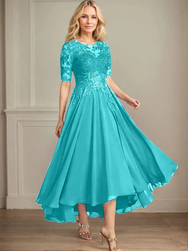 A-Linien Scoop-Ausschnitt Illusion asymmetrisches Chiffon-Spitzen-Mutter-der-Braut-Kleid mit Pailletten