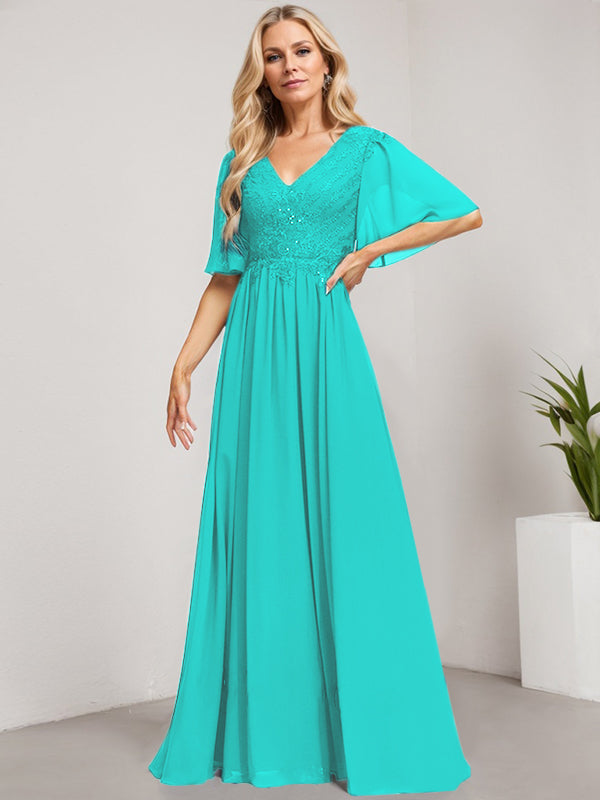 Robe mère de la mariée ligne A col en V longue en dentelle et chiffon avec sequins