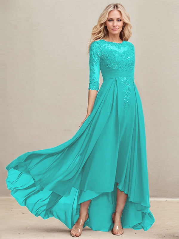 A-Linien Ausschnitt Illusions Asymmetrisches Spitzen-Chiffon Kleid für die Mutter der Braut mit plissierten Pailletten