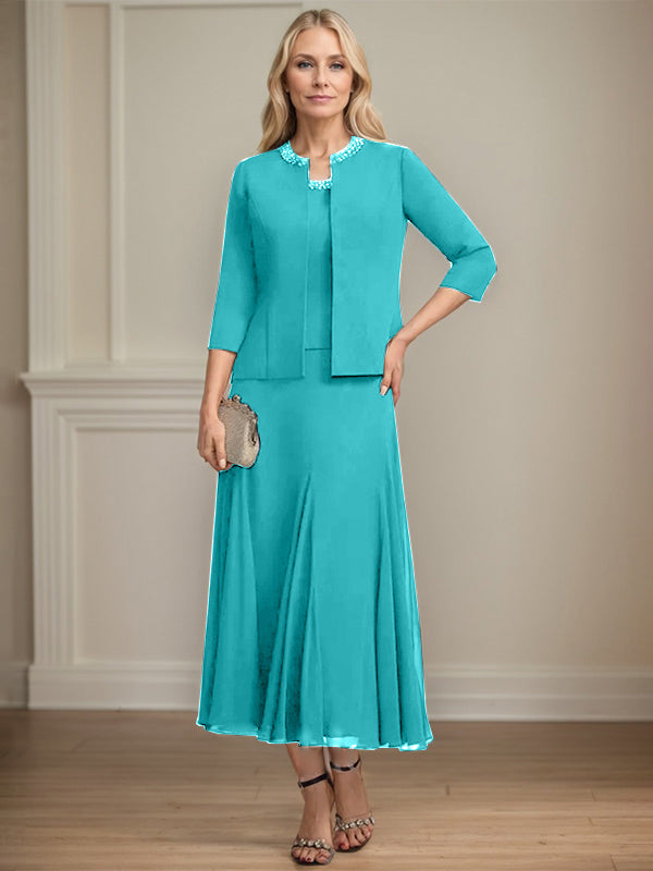 Separates A-Linien Chiffonkleid mit Rundhalsausschnitt, tea-length, Mutter der Braut mit Pailletten und Perlen