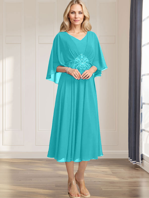 Robe de mère de la mariée en mousseline, longueur thé, col en V, en ligne A, avec appliques plissées, sequins, dentelle et perles