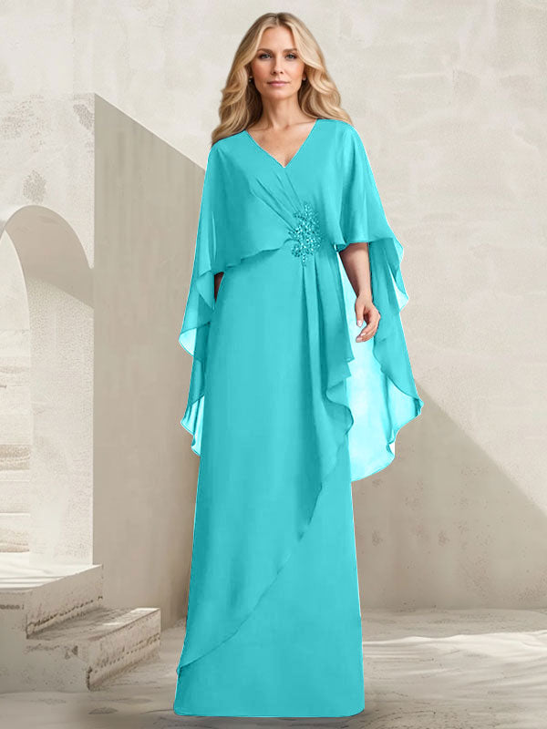 Robe mère de la mariée longue en chiffon coupe trapèze à col en V avec volants en cascade et perles