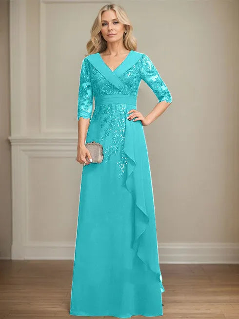 A-Linien Kleid mit Kragen, V-Ausschnitt, bodenlang, aus Spitze und Chiffon, Mutter der Braut Kleid mit Pailletten und fallenden Rüschen