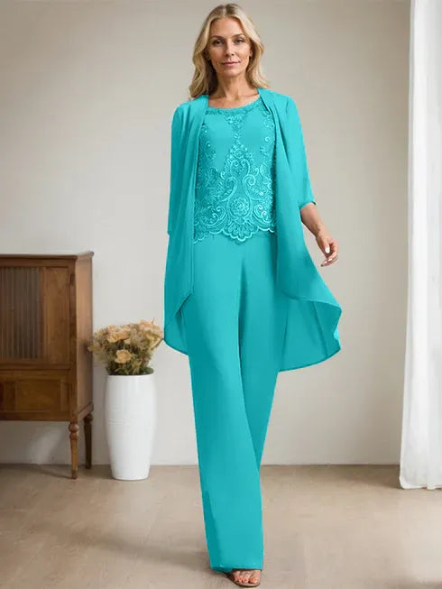 Zweiteiler Jumpsuit/Hosenanzug mit Rundhalsausschnitt, bodenlanges Chiffon-Spitzenkleid für die Mutter der Braut mit Perlen und Pailletten