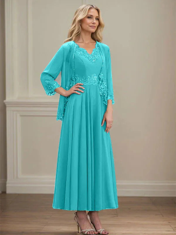 A-Linien Kleid mit V-Ausschnitt, knöchellang, aus Chiffon, Mutter der Braut Kleid mit Pailletten, Applikationen, Spitze und Perlenbesatz