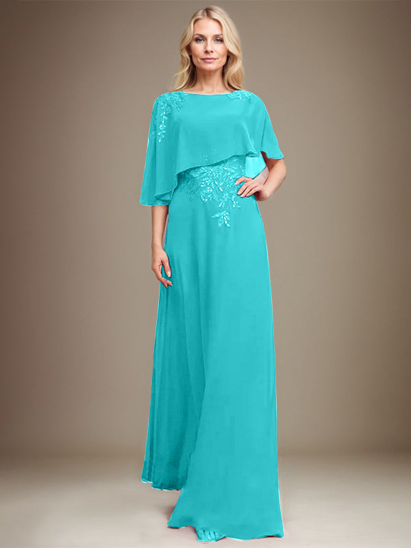 A-Linie Rundhals Bodenlanges Chiffon-Spitzenkleid für die Brautmutter mit Pailletten und Perlen