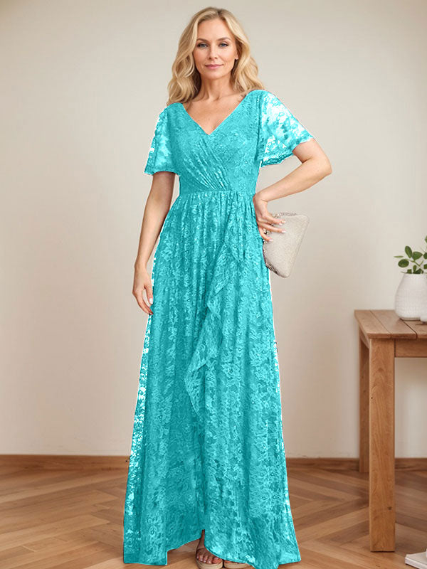 A-Linien Spitzen-Mutter-der-Braut-Kleid mit V-Ausschnitt, asymmetrisch und mit kaskadierenden Rüschen