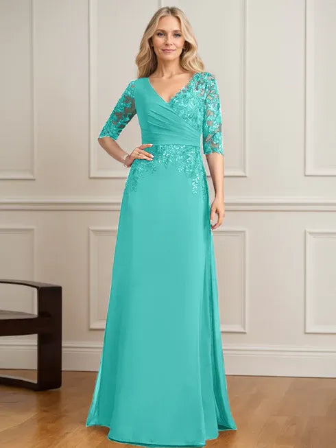 A-Linien V-Ausschnitt bodenlanges Spitzen-Chiffon Kleid der Brautmutter mit plissierten Pailletten
