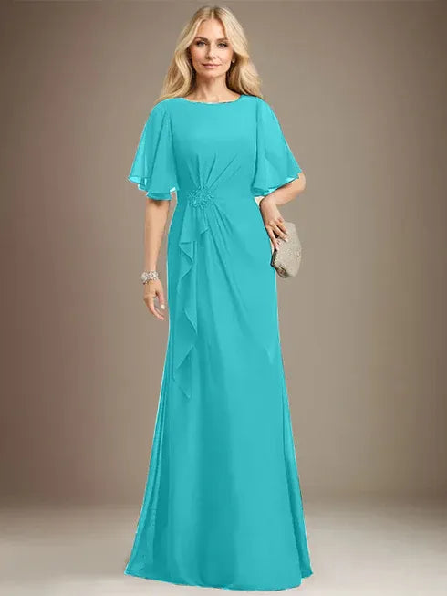 A-Linien Rundhals bodenlanges Chiffon Mutter der Braut Kleid mit kaskadierenden Rüschen Perlen Pailletten