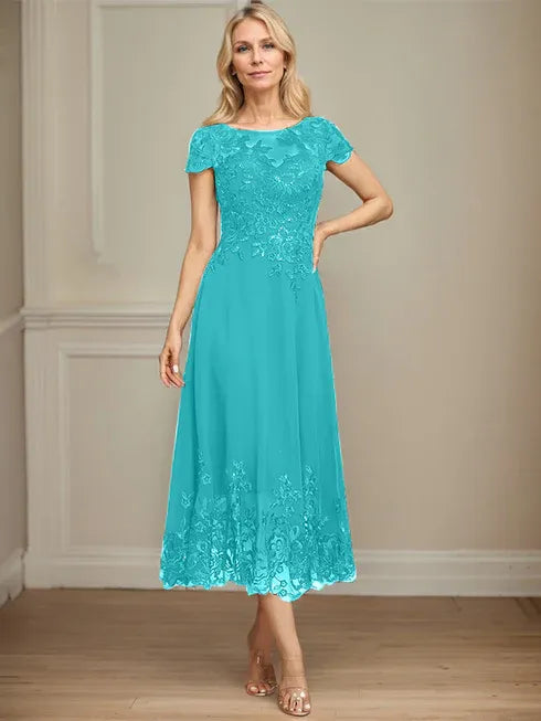A-Linien Illusions Rundhals tea-langes Spitzenchiffon Mutter der Braut Kleid mit Pailletten
