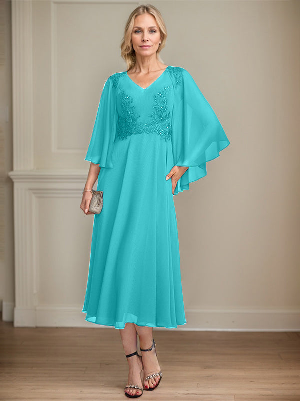 A-Linien-Brautmutterkleid aus Chiffon, V-Ausschnitt, tea-length mit Spitze, Pailletten und Perlen