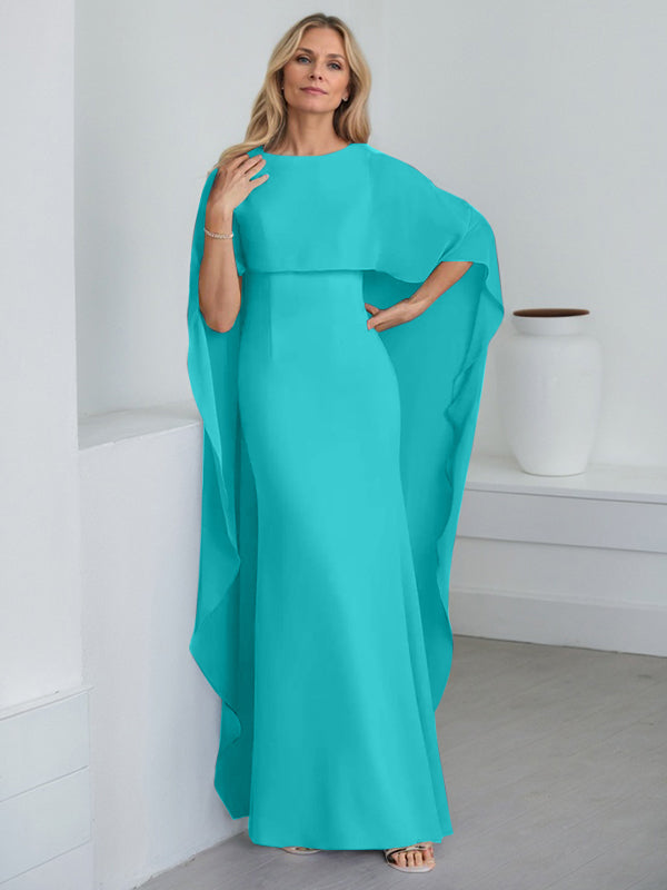 Etui-Kleid mit Rundhalsausschnitt, bodenlang, Chiffon, Mutter-der-Braut-Kleid mit kaskadierenden Rüschen