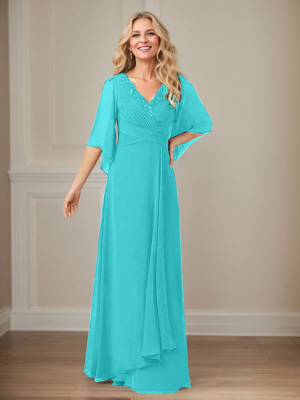 A-Linien V-Ausschnitt langes Pailletten-Chiffon Mutterkleid