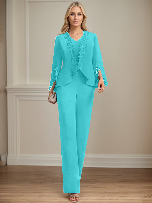 Zweiteiler Jumpsuit/Hosenanzug V-Ausschnitt bodenlanges Chiffon Mutter der Braut Kleid