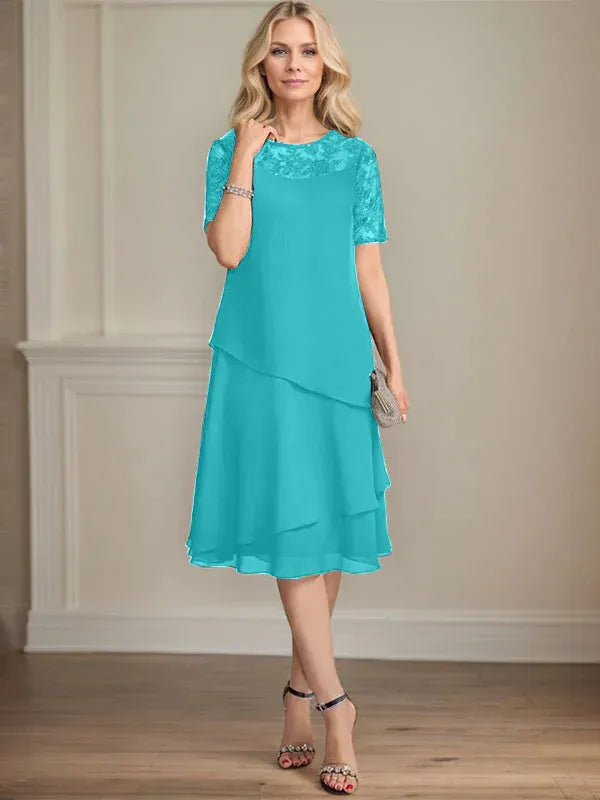 A-Linien Rundhals Illusions-Knie-Länge Spitzen-Chiffon Kleid für die Brautmutter mit Pailletten