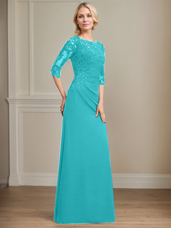 A-Linie Rundhals bodenlanges Chiffon Spitzen Brautmutterkleid mit Perlen Falten Pailletten