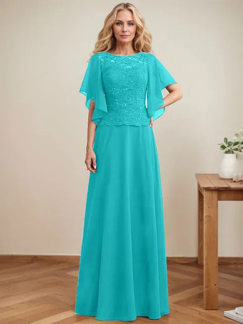 A-Linien Rundhals Illusions-Bodenlanges Spitzen-Chiffon Mutter-der-Braut-Kleid mit Pailletten
